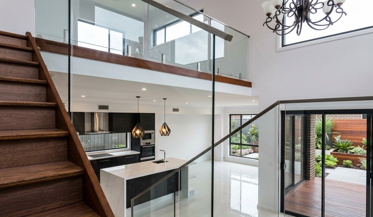A double-height entry and staircase in an Elegant Homes NSW build