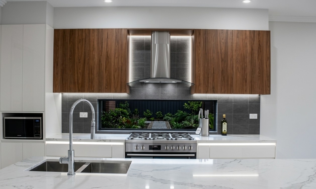 A kitchen with a garden window splashback in a rebuilt Elegant Homes NSW home