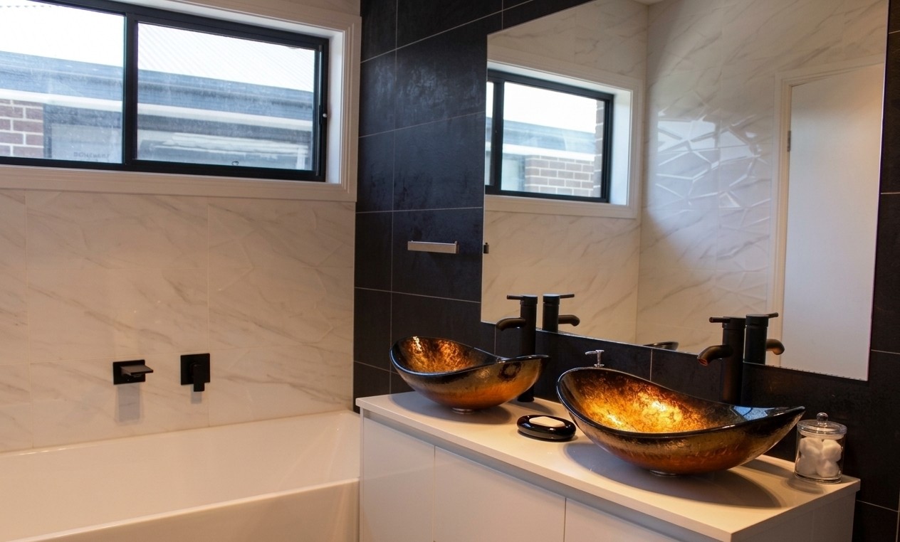 A bathroom with dual vessel sinks built by Elegant Homes NSW