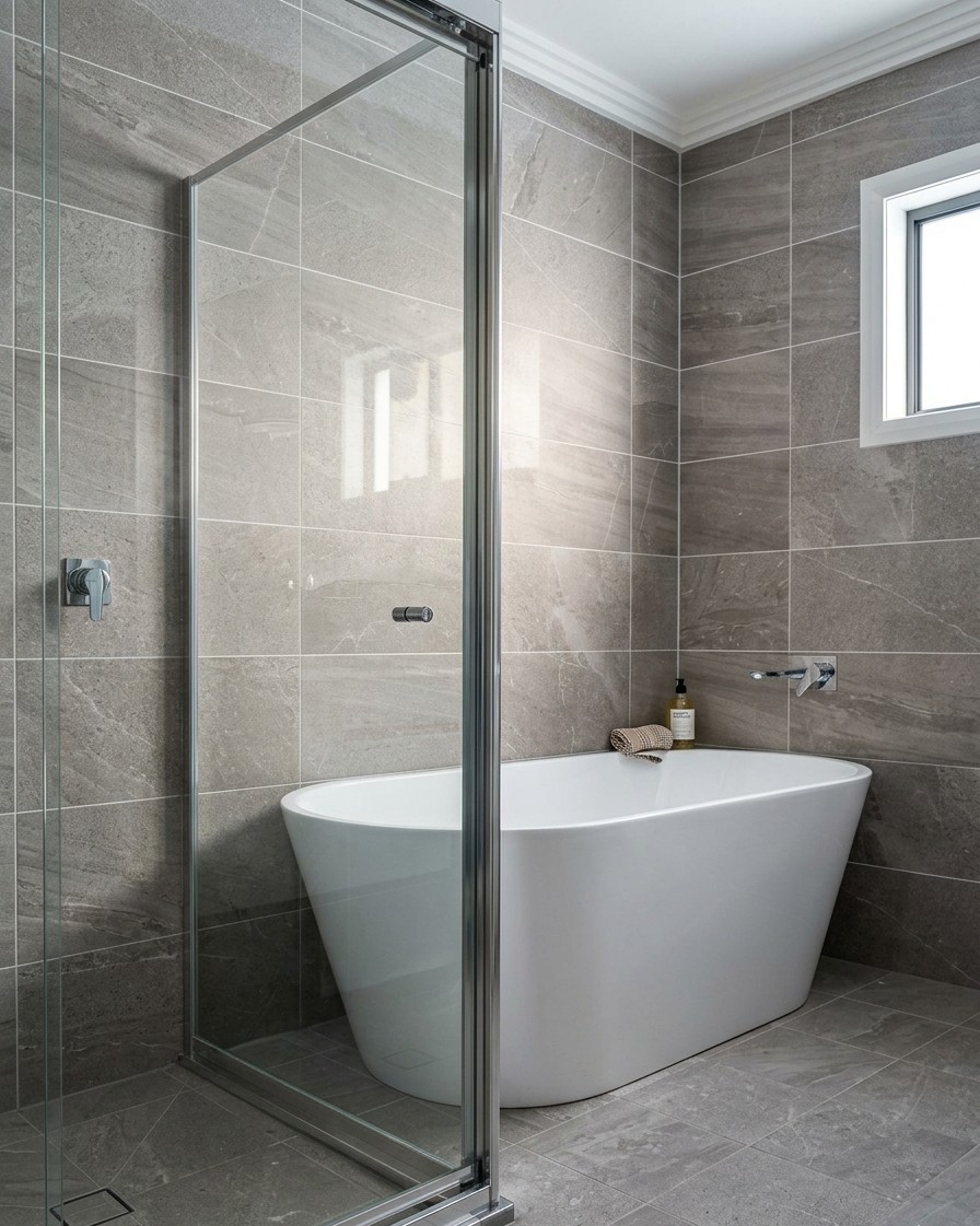 A bathroom with a freestanding bath and shower built by Elegant Homes NSW